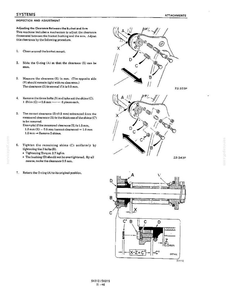 May include: A technical manual page titled SYSTEMS ATTACHMENTS showing an inspection and adjustment procedure for a bucket mount. It includes three black and white line drawings labeled 22-333P, 22-343P, and a detail view with labels A, B, C, D, X, V, and Z.