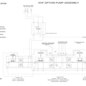 May include: Detailed engineering diagram of an Enhanced High Flow (EHF) Option Pump Assembly. The diagram includes labels, notes, and specifications for various components, such as valves and pressure relief tables. The text includes "RAC 51423445" and "L230/L234/C234/C238".