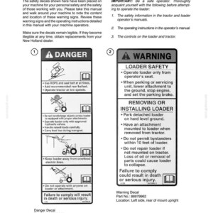 Peut inclure: Une page de document technique intitul&eacute;e SAFETY DECALS pr&eacute;sentant deux &eacute;tiquettes rectangulaires. L'&eacute;tiquette 1 est un panneau DANGER avec quatre ic&ocirc;nes de s&eacute;curit&eacute; et des instructions. L'&eacute;tiquette 2 est un panneau WARNING avec texte et ic&ocirc;ne.