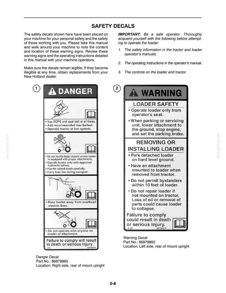 Peut inclure: Une page de document technique intitul&eacute;e SAFETY DECALS pr&eacute;sentant deux &eacute;tiquettes rectangulaires. L'&eacute;tiquette 1 est un panneau DANGER avec quatre ic&ocirc;nes de s&eacute;curit&eacute; et des instructions. L'&eacute;tiquette 2 est un panneau WARNING avec texte et ic&ocirc;ne.