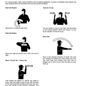 May include: A black and white diagram illustrating hand signals for various commands. The diagram includes instructions for starting and stopping an engine, indicating distance, and signaling movement. Text accompanies each signal.