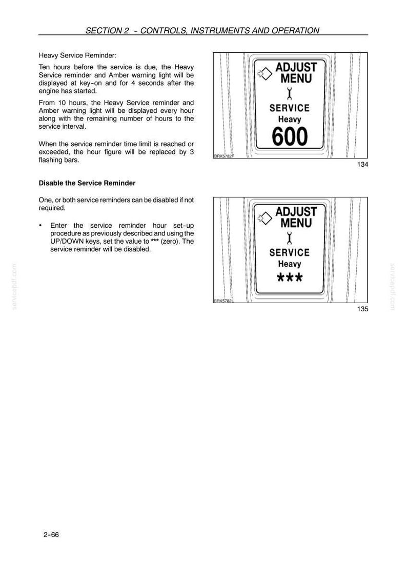 K&ouml;nnte beinhalten: Eine Seite aus einem technischen Handbuch mit dem Titel SECTION 2 - CONTROLS, INSTRUMENTS AND OPERATION. Sie erl&auml;utert die schwere Wartungserinnerung, wie sie beim Start angezeigt wird und wie man sie durch Einstellen des Werts auf *** deaktiviert.
