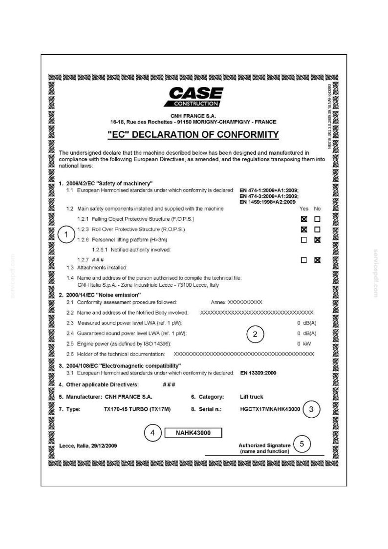 May include: A document titled "EC Declaration of Conformity" from CASE CONSTRUCTION. It details European Directives compliance for a TX170-45 TURBO lift truck, including noise emission levels and safety standards. The document is dated 29/12/2009.