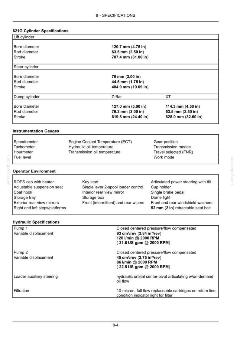 May include: A detailed specifications sheet for a 621G cylinder, including bore diameter, rod diameter, and stroke measurements in inches. Also includes hydraulic specifications and operator environment details.