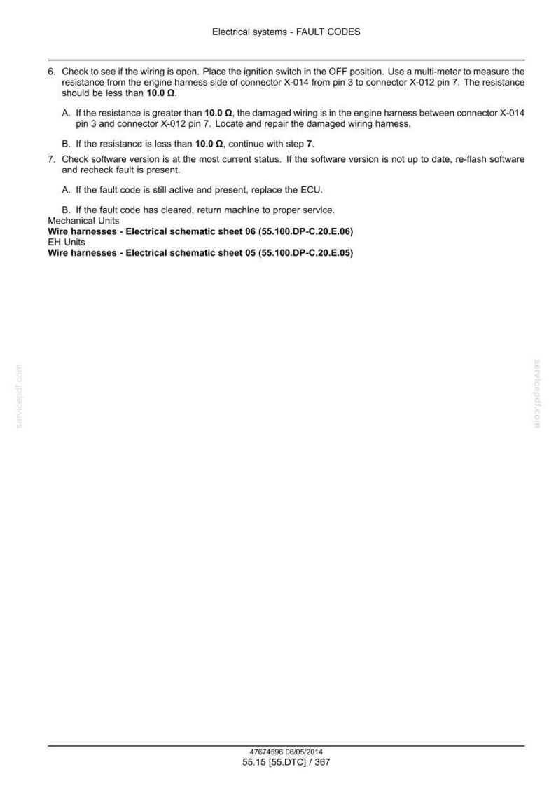 May include: A white document with the title "Electrical systems - FAULT CODES". Instructions detail checking wiring resistance with a multi-meter, with steps and resistance thresholds. Includes wire harness details.