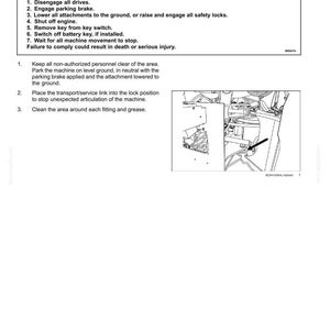Może przedstawiać: Strona z instrukcji obsługi zatytułowana "Articulation fittings" z ostrzeżeniem dotyczącym bezpieczeństwa. Instrukcje są podane wraz z diagramem części maszyny, szczeg&oacute;łowo opisując procedury.