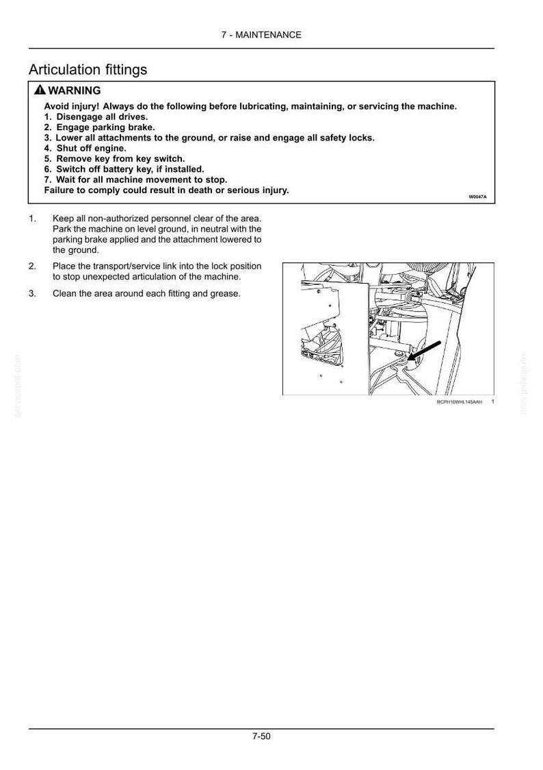 Może przedstawiać: Strona z instrukcji obsługi zatytułowana "Articulation fittings" z ostrzeżeniem dotyczącym bezpieczeństwa. Instrukcje są podane wraz z diagramem części maszyny, szczeg&oacute;łowo opisując procedury.
