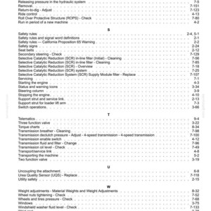 May include: A detailed page from a manual, featuring a table of contents with various mechanical and safety-related topics. The text is black on a white background, with section titles and page numbers.