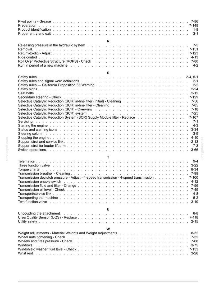 May include: A detailed page from a manual, featuring a table of contents with various mechanical and safety-related topics. The text is black on a white background, with section titles and page numbers.