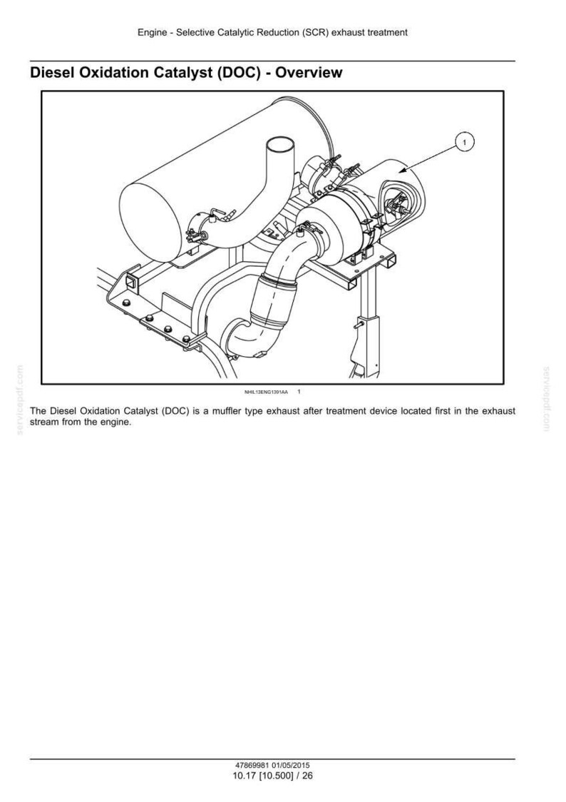 May include: Line drawing of a Diesel Oxidation Catalyst (DOC) exhaust system component. The diagram shows the muffler-type device with connecting pipes and mounting brackets. Text at the top reads "Engine - Selective Catalytic Reduction (SCR) exhaust treatment".