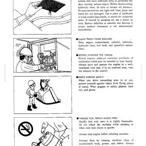 May include: A technical manual page featuring four black and white line drawings illustrating safety procedures for heavy machinery, including warnings about high-pressure oil, engine cleanliness, safe repair practices, and fuel handling precautions.