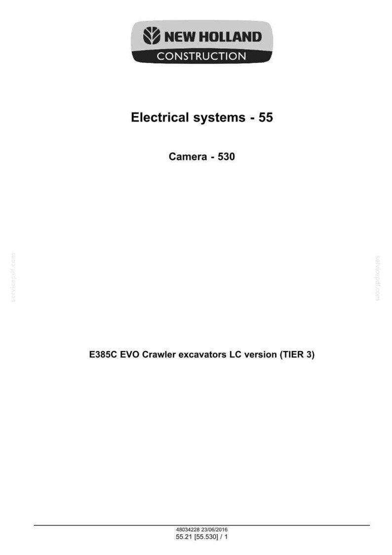 May include: White document with the New Holland Construction logo at the top. Text includes "Electrical systems - 55", "Camera - 530", and "E385C EVO Crawler excavators LC version (TIER 3)".
