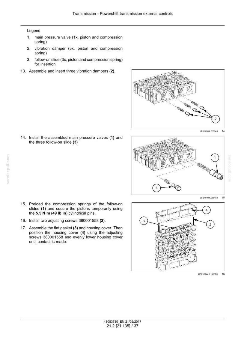 May include: Diagram of transmission components, including main pressure valves, vibration dampers, and follow-on slides. Instructions detail assembly steps with illustrations and measurements in lb in. Text includes part numbers and assembly instructions.