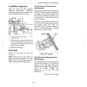 Op de afbeelding: Diagram met onderhoudsinstructies voor brandstof-/waterafscheider en aandrijfriem. Bevat stappen voor het aftappen van de afscheider, het controleren van de riemspanning met een meter en het afstellen van de riemspanning. De juiste doorbuiging is 13 mm.