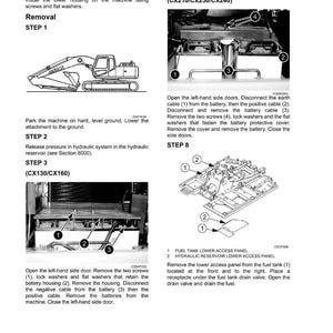 May include: Diagrams and instructions for machine maintenance. The image shows steps for removing parts, including the battery and fuel tank access panel. Text includes "Removal" and "STEP" numbers, with illustrations of the machine.