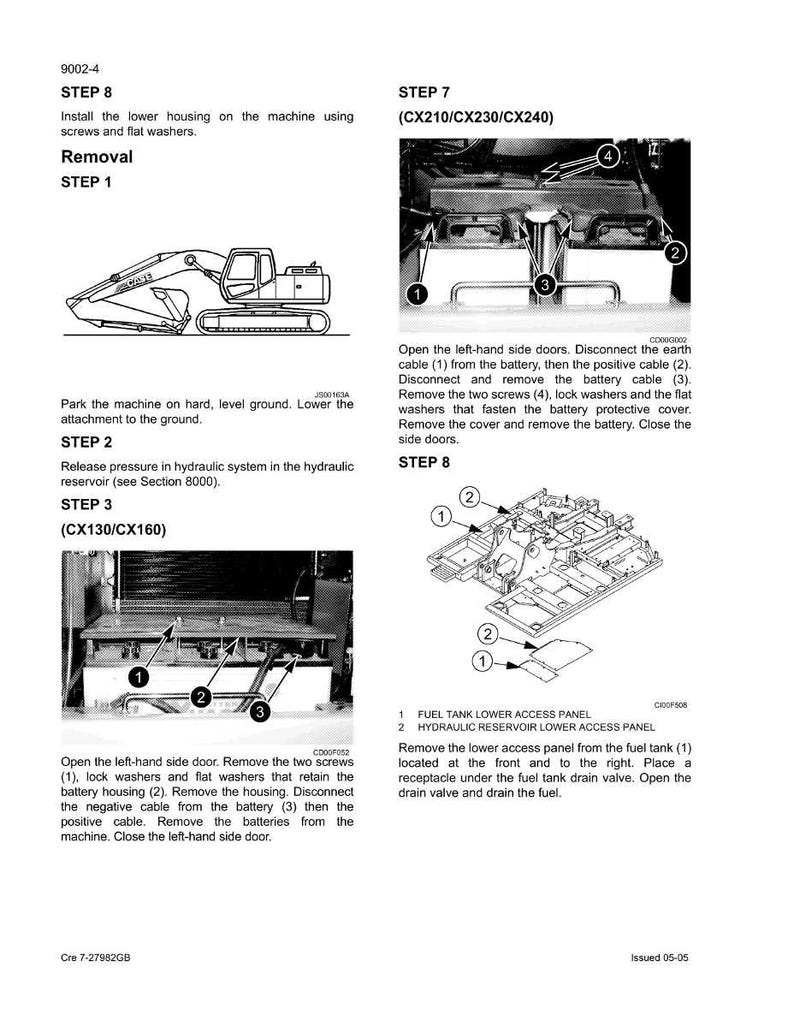 May include: Diagrams and instructions for machine maintenance. The image shows steps for removing parts, including the battery and fuel tank access panel. Text includes "Removal" and "STEP" numbers, with illustrations of the machine.
