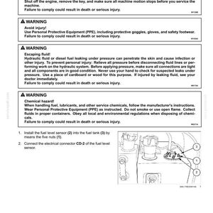 May include: Diagram of fuel level sensor installation, with warnings about safety. The image shows the fuel tank, sensor, and connector, with numbered labels for each component. Text includes instructions and safety precautions.