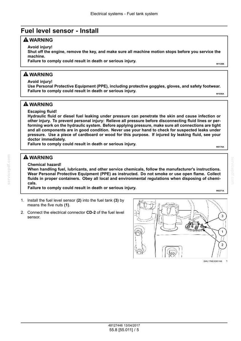 May include: Diagram of fuel level sensor installation, with warnings about safety. The image shows the fuel tank, sensor, and connector, with numbered labels for each component. Text includes instructions and safety precautions.