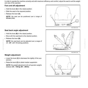 May include: Diagram of an operator's seat with adjustment instructions. Includes illustrations of fore and aft, seat back angle, and weight adjustments. The seat can be positioned over a range of 2 inches. Weight adjustment is for operator weights between 99-300 lb.