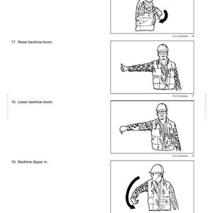 May include: Diagrams illustrating safety instructions for operating heavy machinery. The image shows four illustrations with a worker in a hard hat demonstrating hand signals. Text includes "Dump loader bucket," "Raise backhoe boom," "Lower backhoe boom," and "Backhoe dipper in."