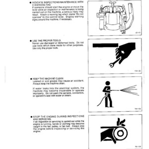 May include: A technical safety manual page titled PRECAUTIONS DURING INSPECTIONS AND MAINTENANCE. It features four black and white instructional diagrams showing a control lever, a wrench, a person using a hose, and a fan belt mechanism.