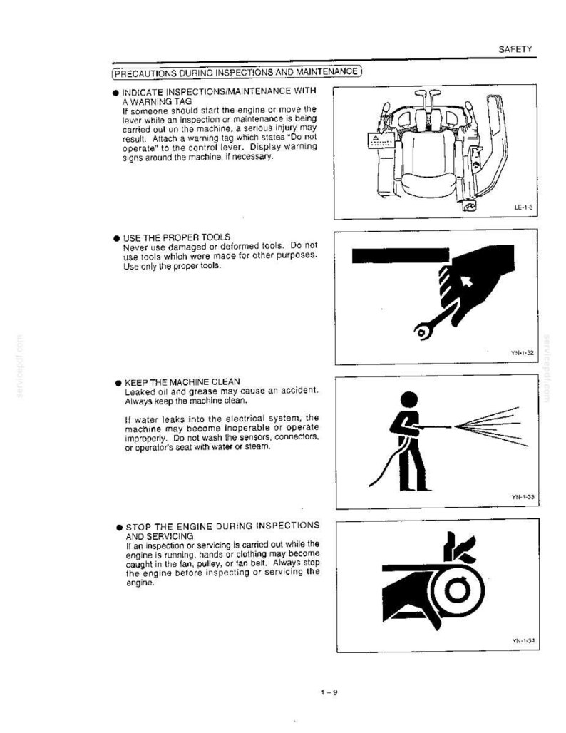 May include: A technical safety manual page titled PRECAUTIONS DURING INSPECTIONS AND MAINTENANCE. It features four black and white instructional diagrams showing a control lever, a wrench, a person using a hose, and a fan belt mechanism.