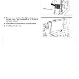 May include: Diagram illustrating the maintenance of an air circulation filter. The image shows steps for removing, cleaning, and reinstalling the filter, including removing the protective grid. Text includes instructions and part numbers.