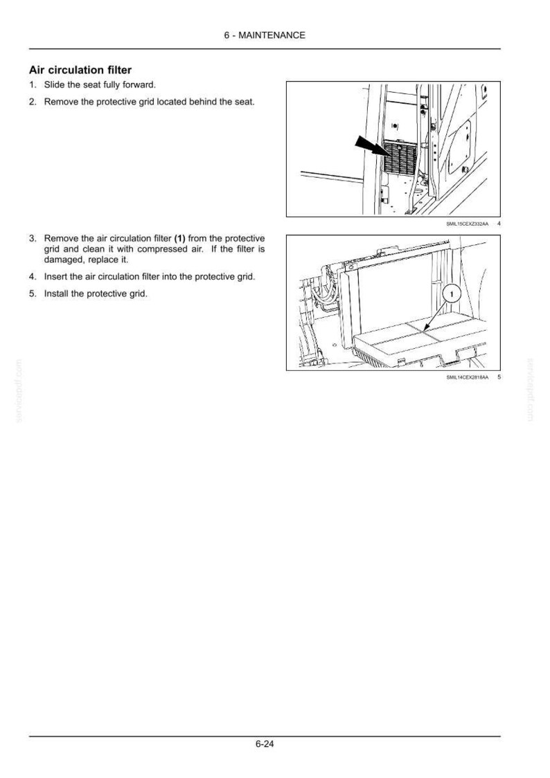 May include: Diagram illustrating the maintenance of an air circulation filter. The image shows steps for removing, cleaning, and reinstalling the filter, including removing the protective grid. Text includes instructions and part numbers.