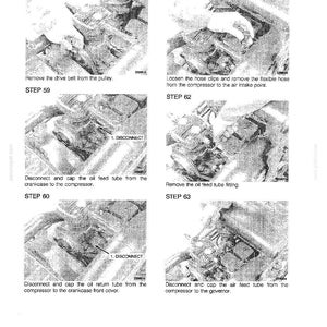 May include: A series of six black and white images from a manual, detailing steps for automotive repair. The images show hands working on engine components, with text labels indicating each step, including removing belts and disconnecting tubes.