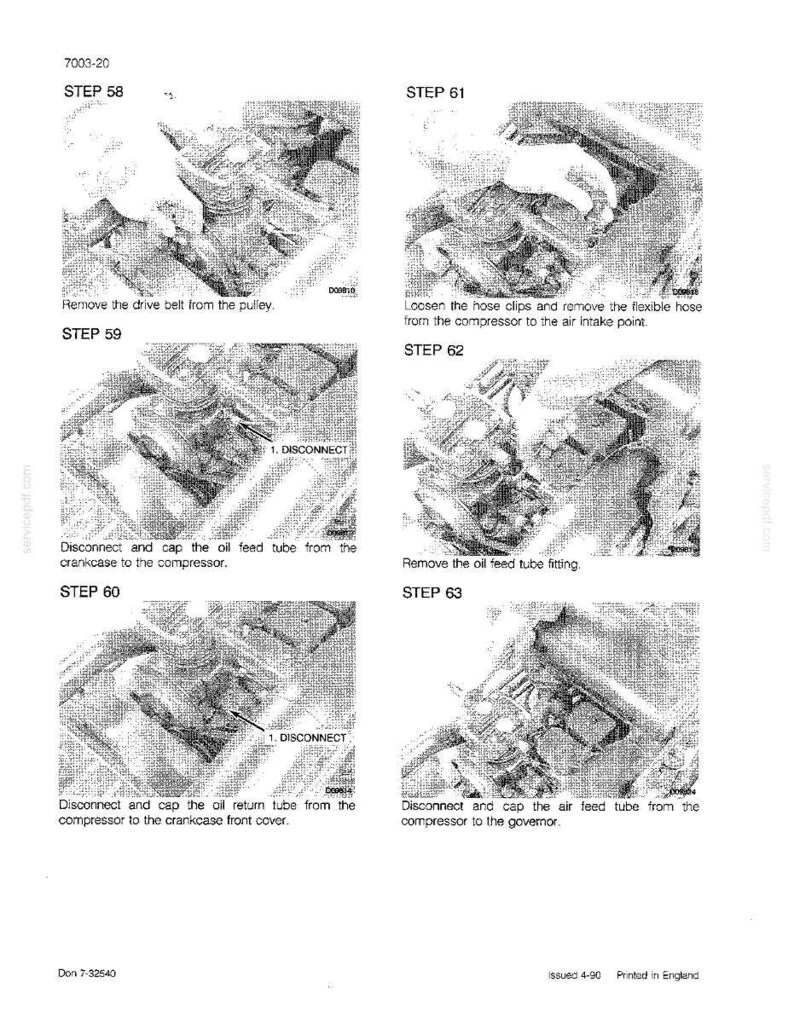 May include: A series of six black and white images from a manual, detailing steps for automotive repair. The images show hands working on engine components, with text labels indicating each step, including removing belts and disconnecting tubes.