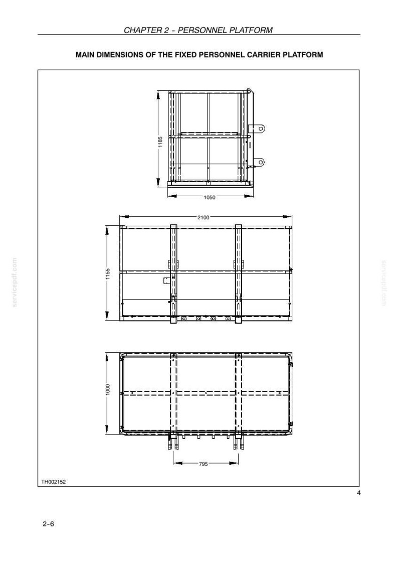 May include: A technical line drawing of a fixed personnel carrier platform with three views showing dimensions in millimeters. Text includes CHAPTER 2 - PERSONNEL PLATFORM and MAIN DIMENSIONS OF THE FIXED PERSONNEL CARRIER PLATFORM with code TH002152.