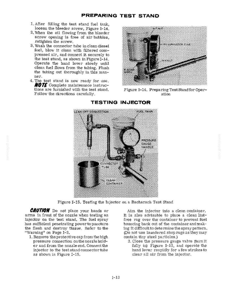 May include: Black and white technical diagram of a test stand for injectors. The image includes instructions for preparing and testing the stand, with labeled components like the fuel tank and pressure gauge.