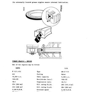 May include: Technical diagram of an engine's slewing ring with 111 teeth and internal bearings, along with engine specifications. Includes detailed illustrations and a table comparing DEUTZ and G.M. engine models, including cubic capacity and horsepower.