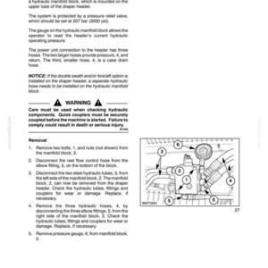 May include: Diagram of a hydraulic manifold block with numbered components and arrows. The image includes a pressure gauge, hoses, and fittings, with text describing the block's function and removal steps.