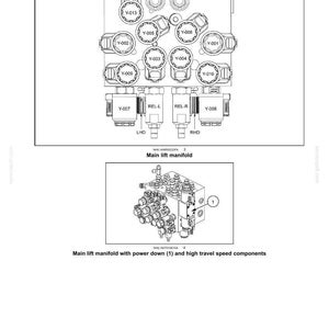 May include: Diagram of hydraulic systems components, including a main lift manifold with power down and high travel speed components. The image includes labels such as Y-001, Y-002, and REL-L. The diagram is in black and white.
