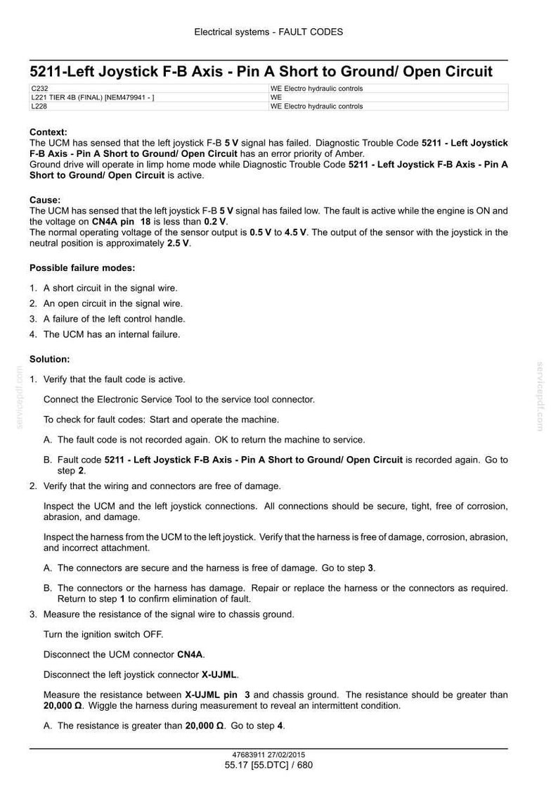 May include: A technical document detailing fault codes in electrical systems, specifically addressing fault code 5211 for a joystick. It provides context, causes, and solutions for the identified issue.
