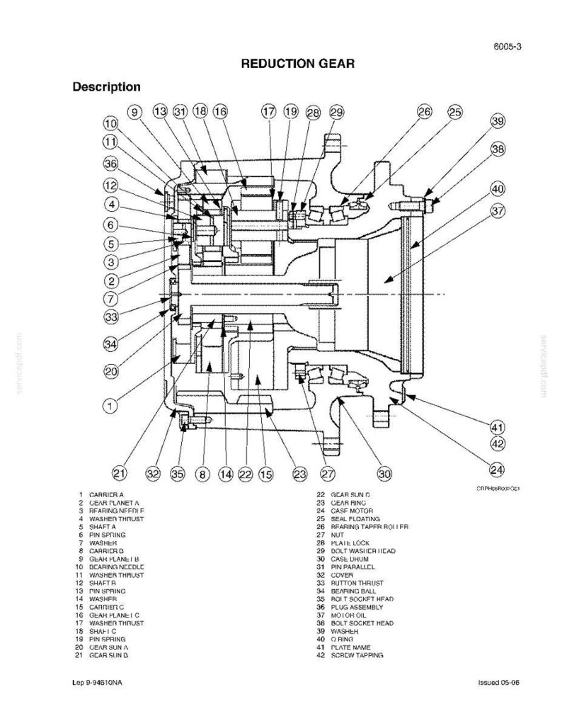 May include: Detailed diagram of a reduction gear assembly, labeled with numbers and descriptions. The image is a technical illustration with various mechanical components, including gears, shafts, and bearings.
