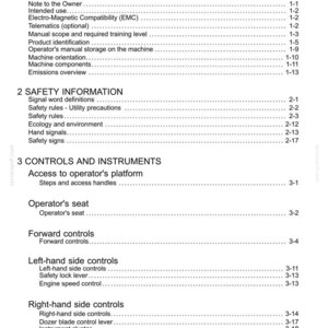 May include: A page from a manual titled "Contents" with a list of topics and page numbers. Sections include General Information, Safety Information, and Controls and Instruments. The text is black on a white background.