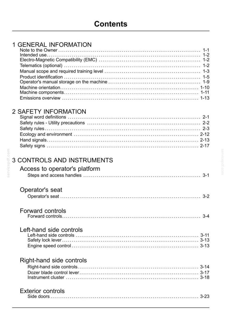 May include: A page from a manual titled "Contents" with a list of topics and page numbers. Sections include General Information, Safety Information, and Controls and Instruments. The text is black on a white background.