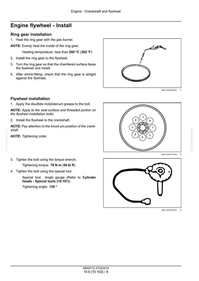 May include: Diagram of engine flywheel installation steps. Instructions include heating the ring gear, installing it, and checking for airtightness. Also shows flywheel installation with grease application and torque specifications.