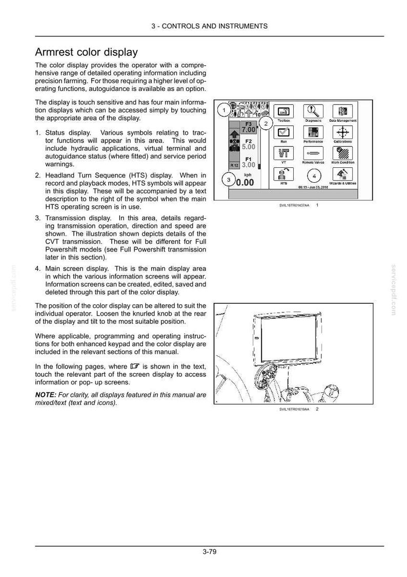 May include: A technical manual page titled 3-CONTROLS AND INSTRUMENTS featuring an armrest color display. The document includes descriptive text, numbered sections, and two black and white diagrams showing a touchscreen interface and a mounting bracket.