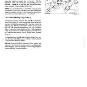 May include: A technical manual page titled 6-WORKING OPERATIONS detailing hydraulic pressure and load sensing lines. It includes a black and white line drawing with numbered components 1, 2, and 3, alongside instructional text for tractor maintenance.