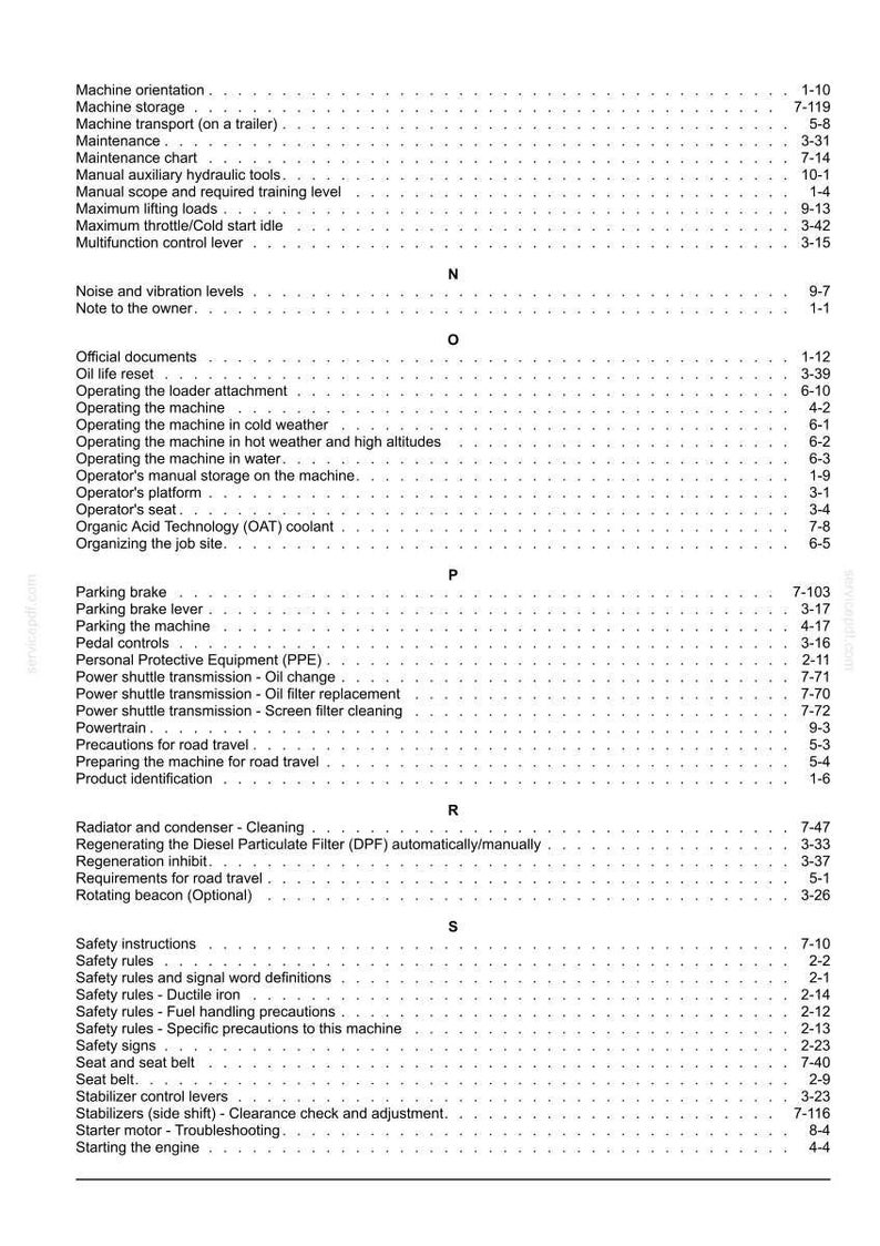 Pu&ograve; includere: Un dettagliato sommario da un manuale, con vari argomenti operativi e di sicurezza. Il testo &egrave; organizzato alfabeticamente, coprendo il funzionamento della macchina, la manutenzione e le procedure di sicurezza. Il documento include i numeri di pagina per una facile consultazione.