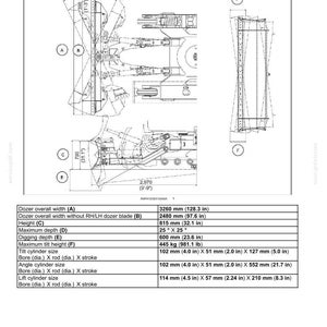May include: A technical diagram showing dozer specifications with line drawings of the blade and mechanical components. A table lists dimensions in inches and millimeters, including an overall width of 128.3 inches and a digging depth of 23.6 inches.