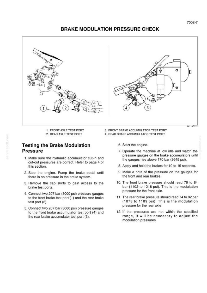 May include: A technical diagram titled BRAKE MODULATION PRESSURE CHECK showing two mechanical assemblies with numbered components. The text provides instructions for testing brake pressure, specifying ranges of 76 to 84 bar and 74 to 82 bar.