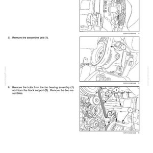 May include: Diagram illustrating the front power take-off (PTO) system, detailing component removal steps. Includes images of a fan assembly, serpentine belt, and bearing assembly. Text instructions are provided.