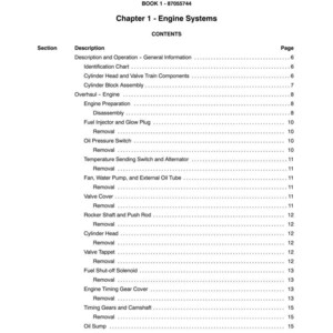 May include: A page from a manual titled "SECTION 10 - ENGINE SYSTEMS" with the text "BOOK 1 - 87055744" and "Chapter 1 - Engine Systems". The contents list various engine components and procedures, including "Cylinder Head" and "Valve Cover".