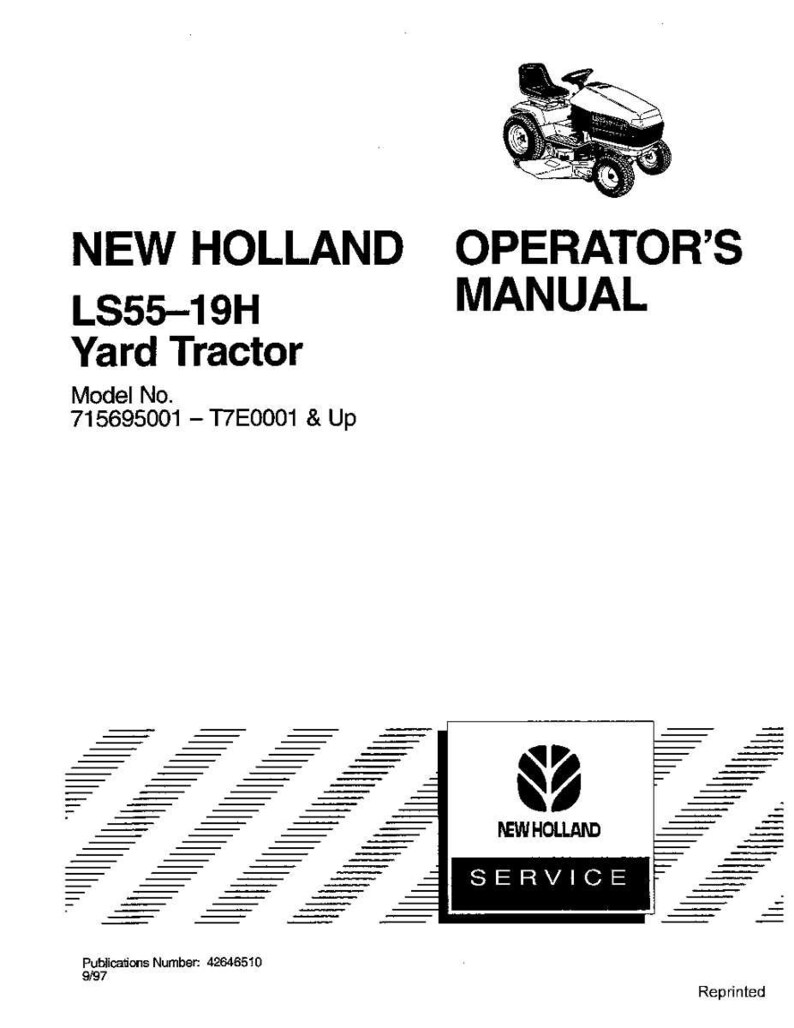 Pode incluir: Um manual do operador em preto e branco para um trator de jardim New Holland LS55-19H. A capa apresenta um desenho de linha do trator, o texto New Holland LS55-19H Yard Tractor, Model No. 715695001 &ndash; T7E0001 & Up e um log&oacute;tipo New Holland Service.