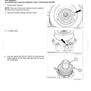 May include: A technical manual page titled Air-conditioning compressor Magnetic clutch - Assemble, featuring three black and white line drawings illustrating the assembly process, including the exciter winding, cable clamp, and belt pulley.