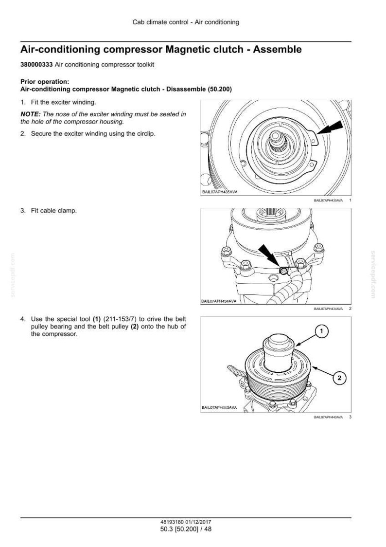 May include: A technical manual page titled Air-conditioning compressor Magnetic clutch - Assemble, featuring three black and white line drawings illustrating the assembly process, including the exciter winding, cable clamp, and belt pulley.
